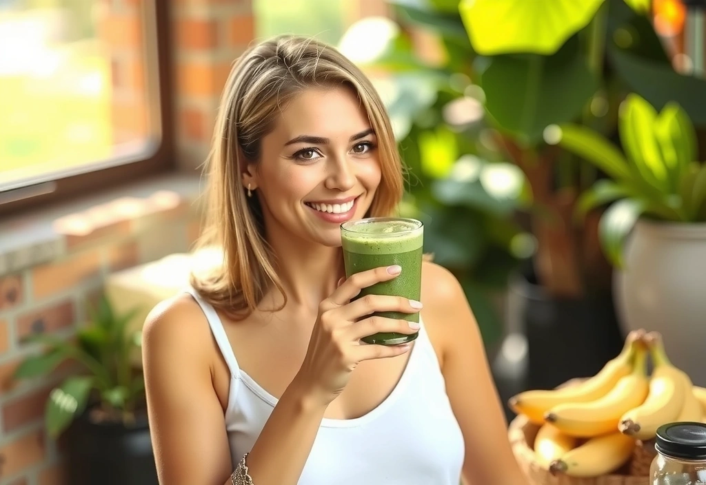 Femeie zâmbitoare care bea smoothie verde