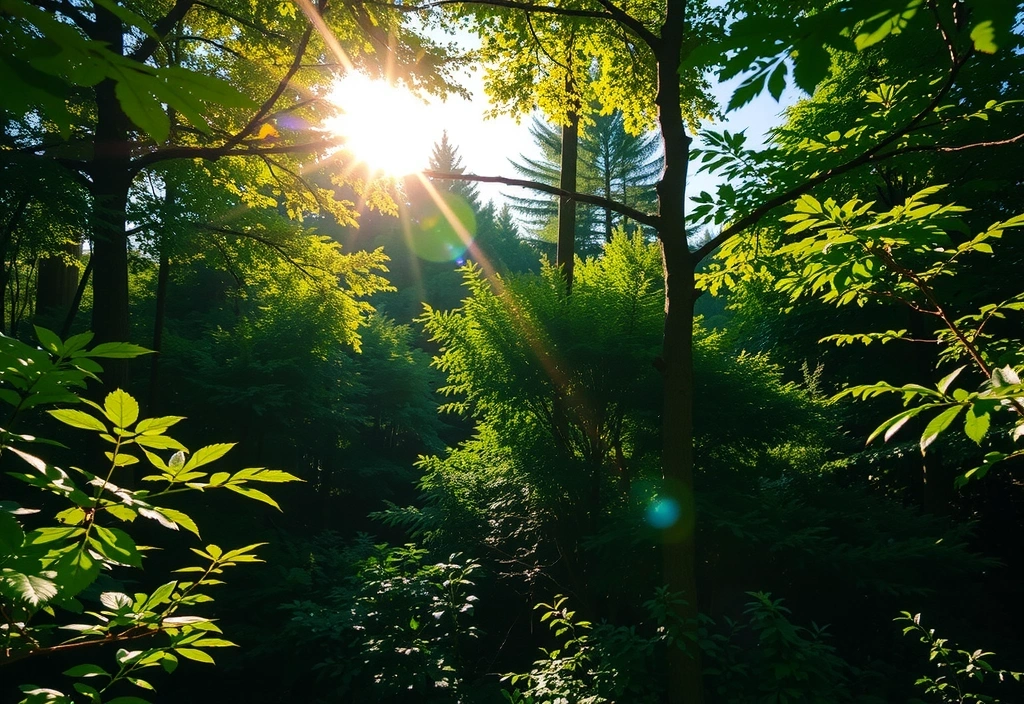 Pădure luxuriantă cu raze de soare