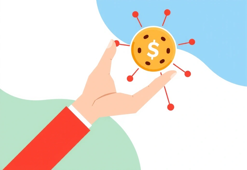 Ilustrație cu o mână care ține un cookie digital, simbolizând politica de cookie-uri.