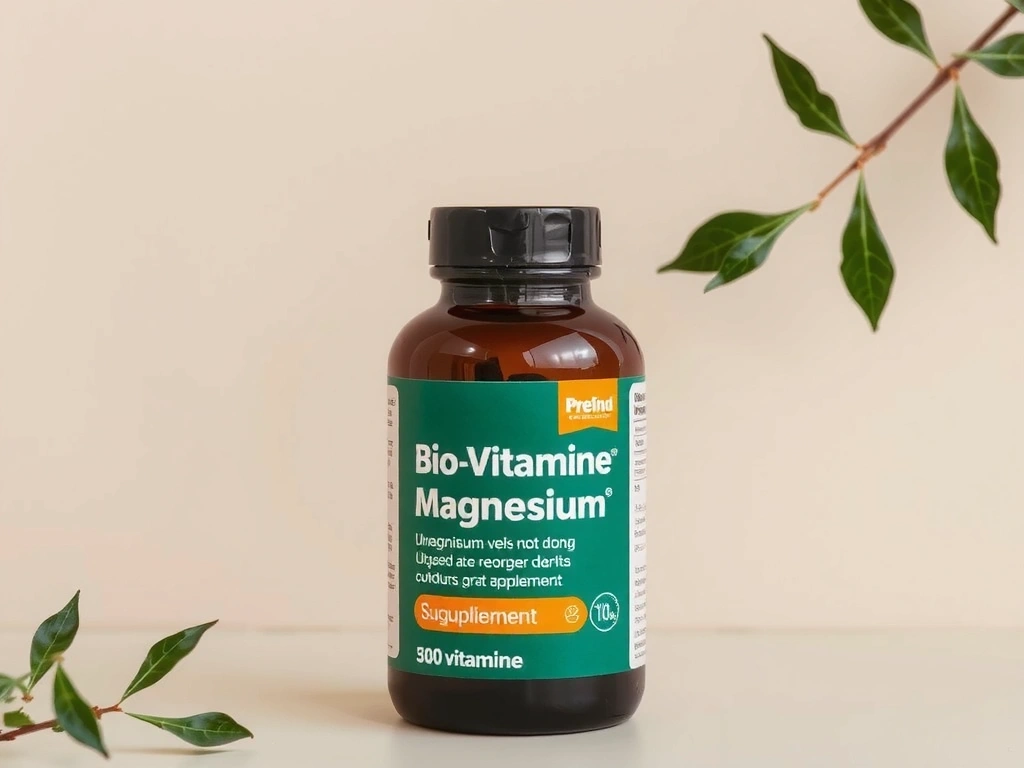 Recipient de Magneziu Biovitamine, cu design minimalist și verde, pe un fundal natural.
