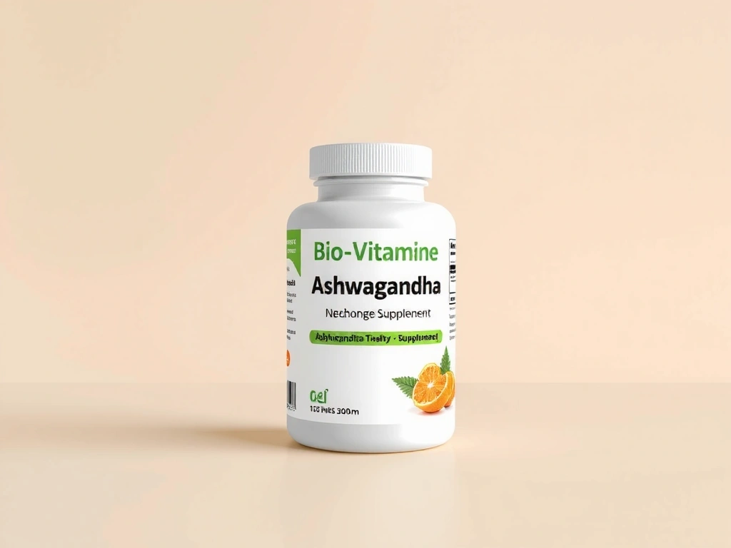 Recipient de Ashwagandha Biovitamine, cu design curat și natural, pe un fundal calm.