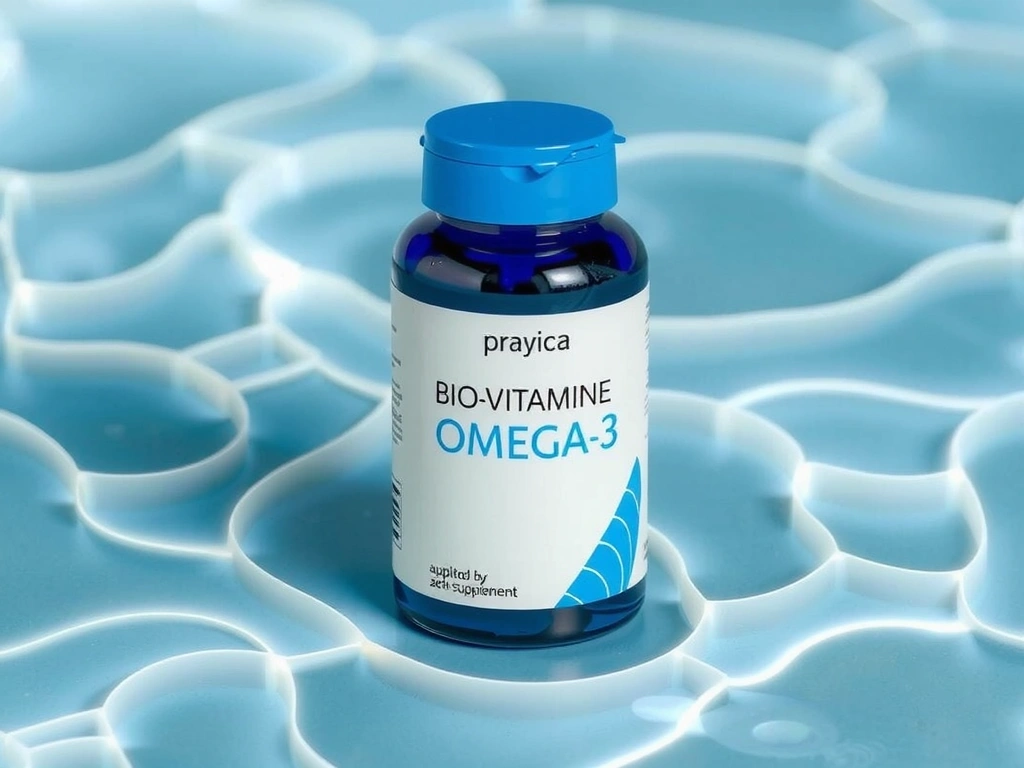 Recipient de Omega-3 Biovitamine, cu design modern și albastru, pe un fundal acvatic.