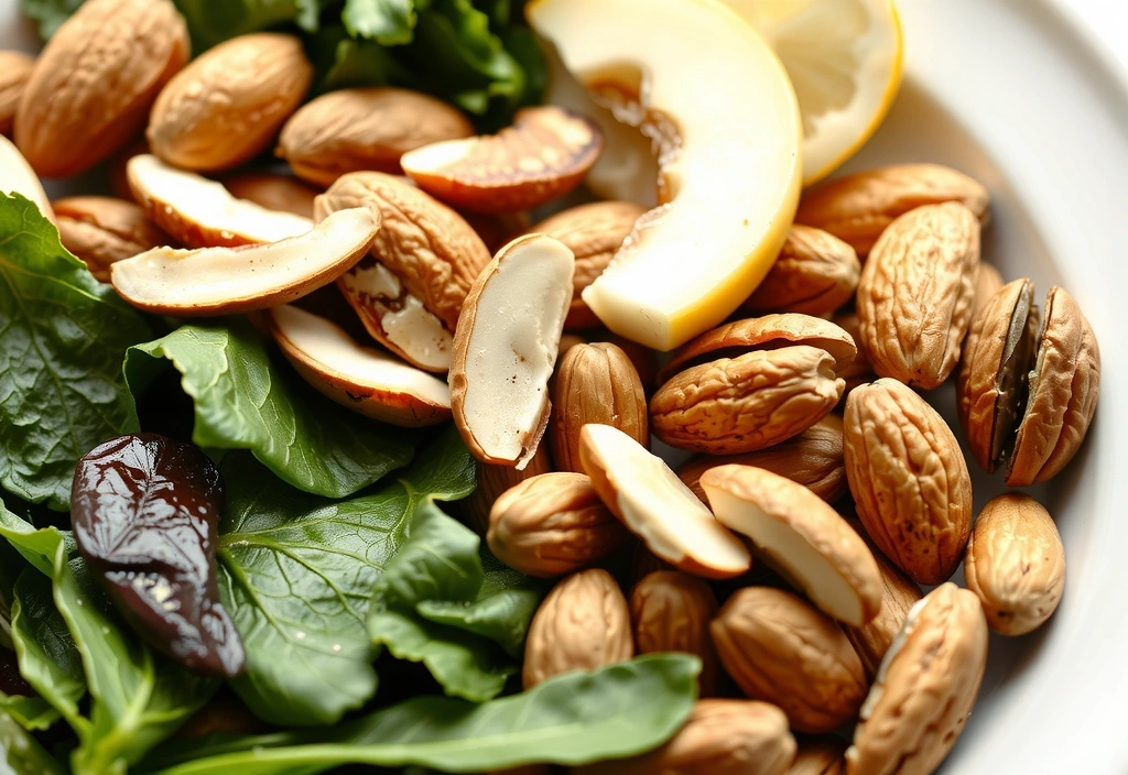 O farfurie cu legume verzi și nuci, reprezentând alimentația sănătoasă