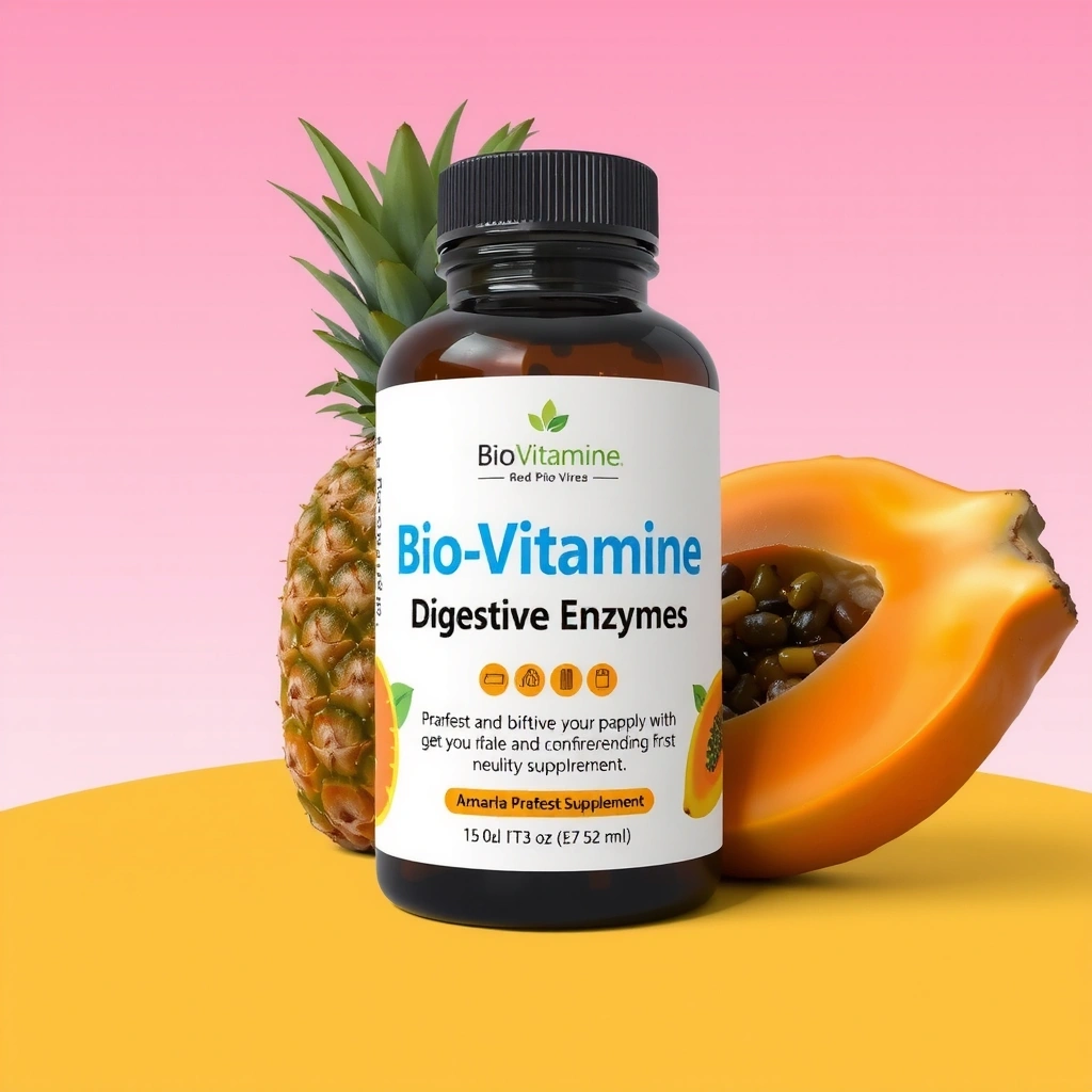 Imagine cu supliment de enzime digestive Biovitamine, cu flori de ananas și papaya în fundal