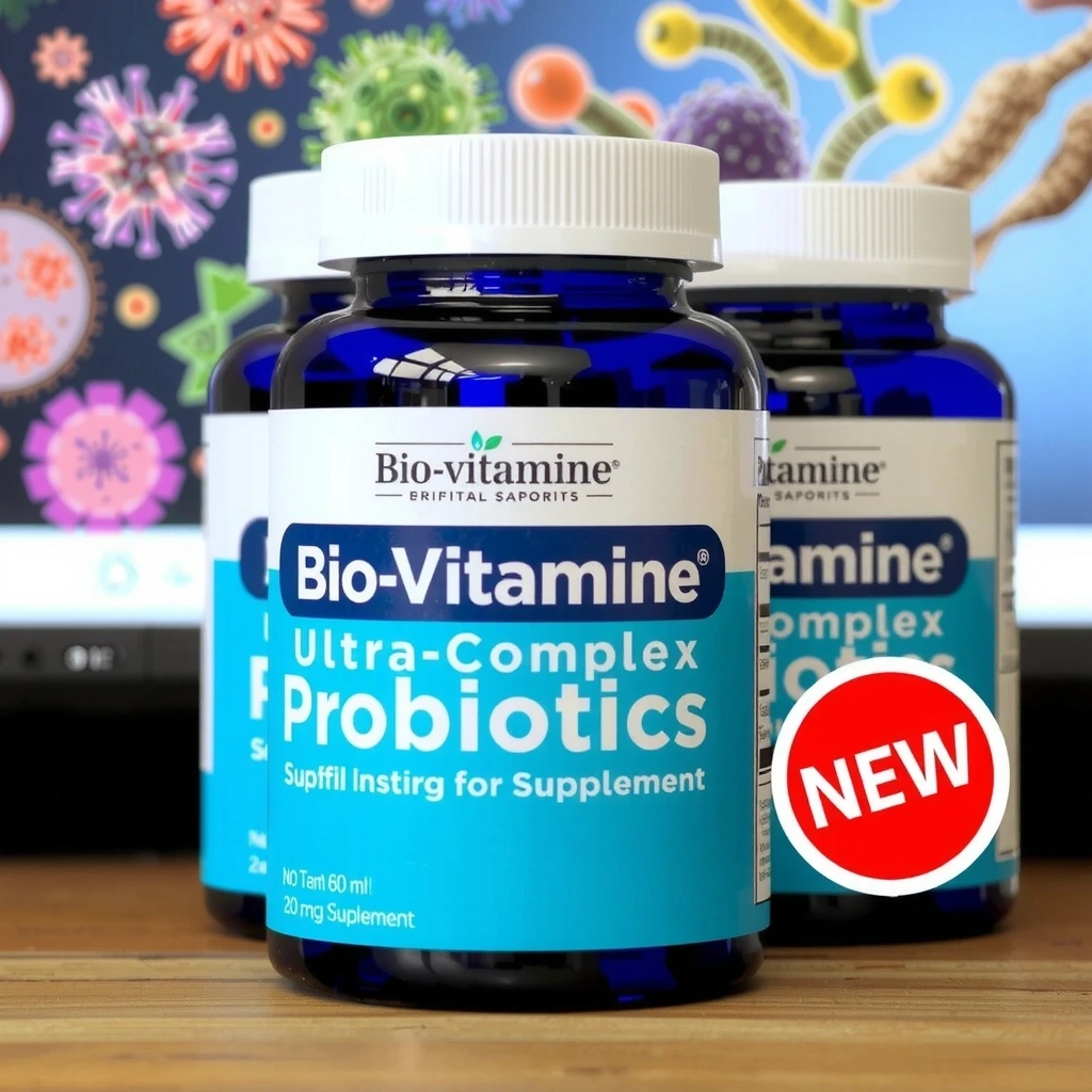 Imagine cu supliment de Probiotice Ultra-Complex Biovitamine, cu ilustrații de bacterii benefice